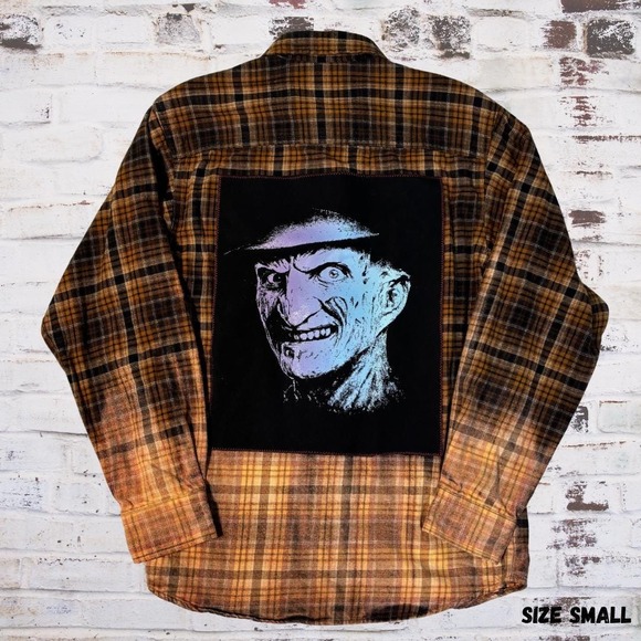 Spooky Halloween Freddy Krueger Inspired Bleached Fall Flannel Shirt -  Sz Small - Picture 1 of 5